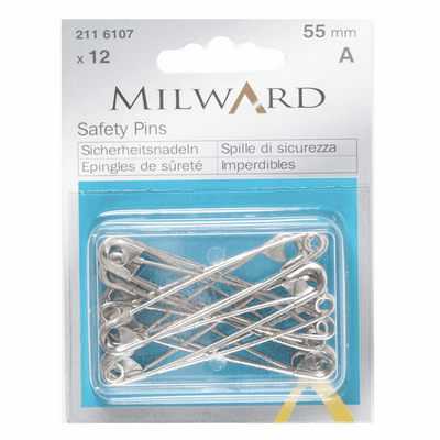 Milward 55mm mild steel safety pins in a pack of 12 in a handy reusable box, available in a variety of different sizes.