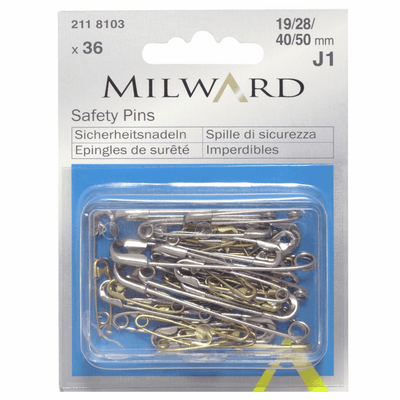 Milward Assorted Brass effect and nickel safety pins in 19mm, 28mm, 40mm and 50mm.