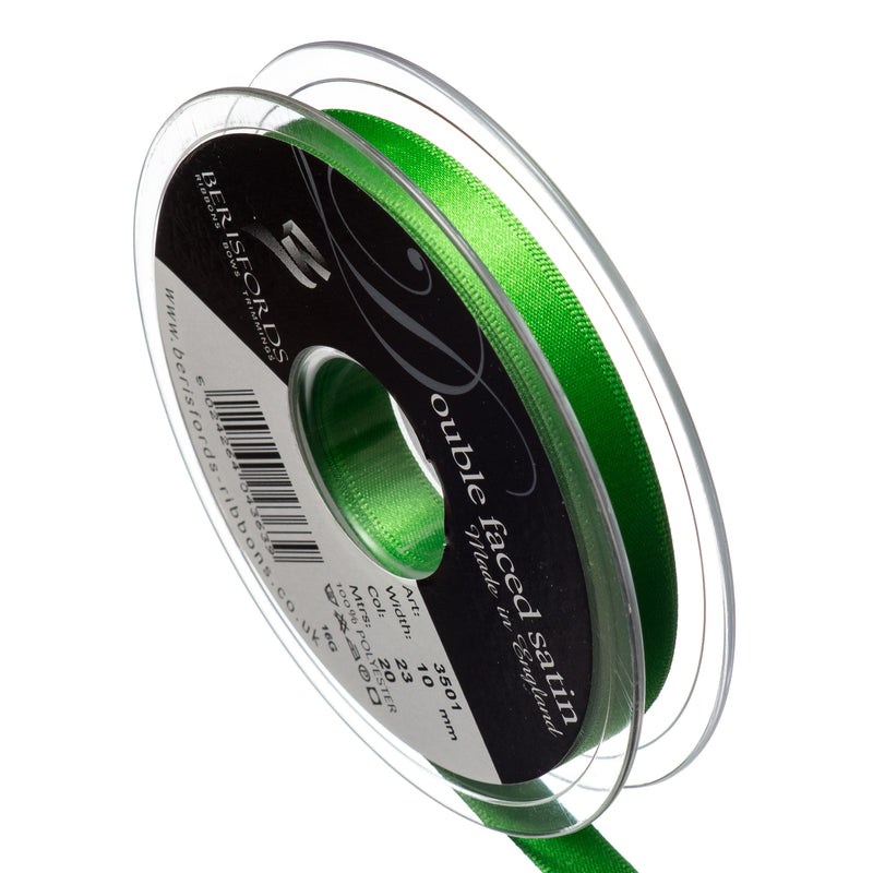 Berisfords 3mm, 7mm and 10mm double faced satin ribbon in emerald green