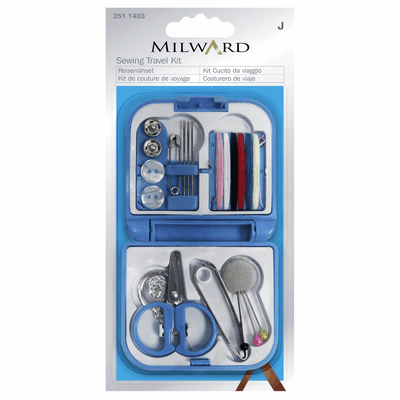 Milward travel sewing kit with scissors, needle threader, tweezers, pins in cushion, polyester threads, gold-eye needles, safety pins, snap fasteners, buttons