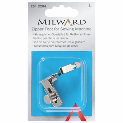 Milward zipper foot for sewing machine with a solid construction low shank