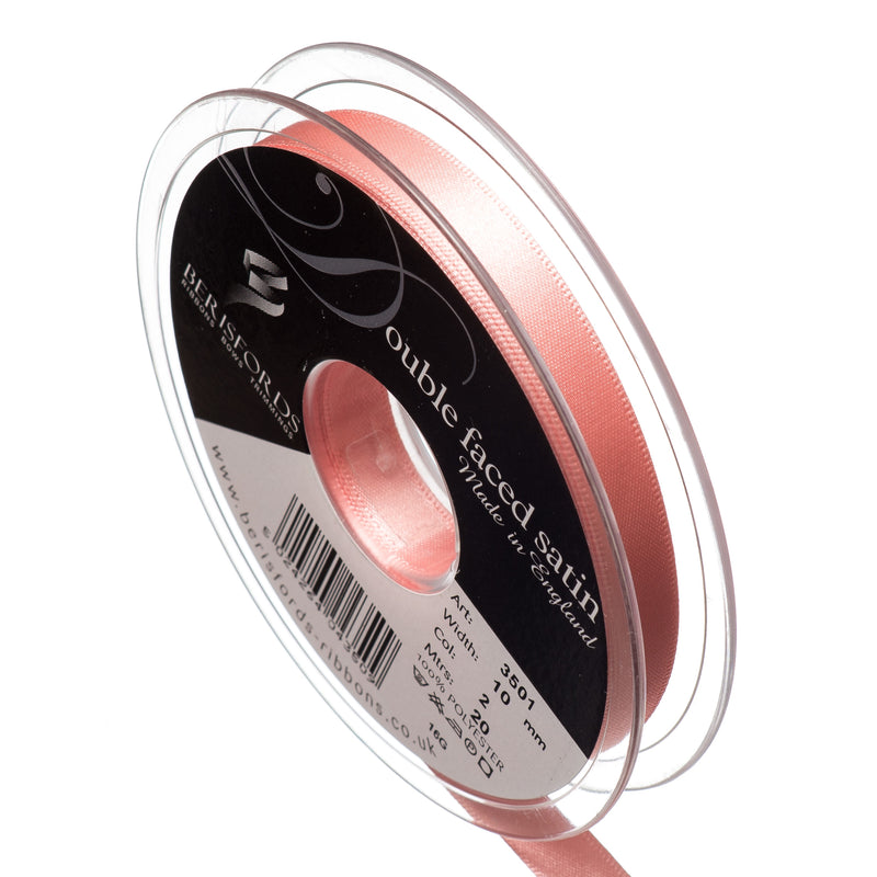 Berisfords 15mm, 25mm and 35mm double faced satin ribbon in pink