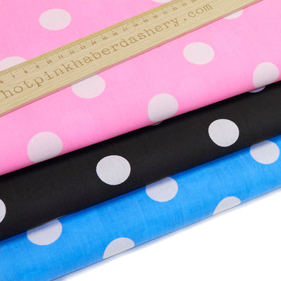 Large 50's style retro spots on polycotton fabric in black, pink and blue