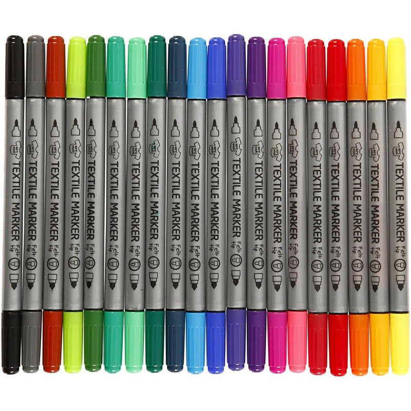 Pack of 20 bright colour textile markers with double felt tips