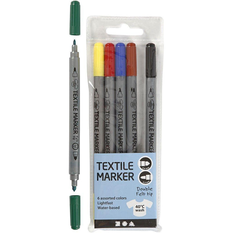 Pack of 6 textile marker double felt tips for fabric - bright colours