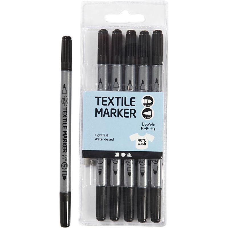 Pack of 6 textile marker double felt tips for fabric - black