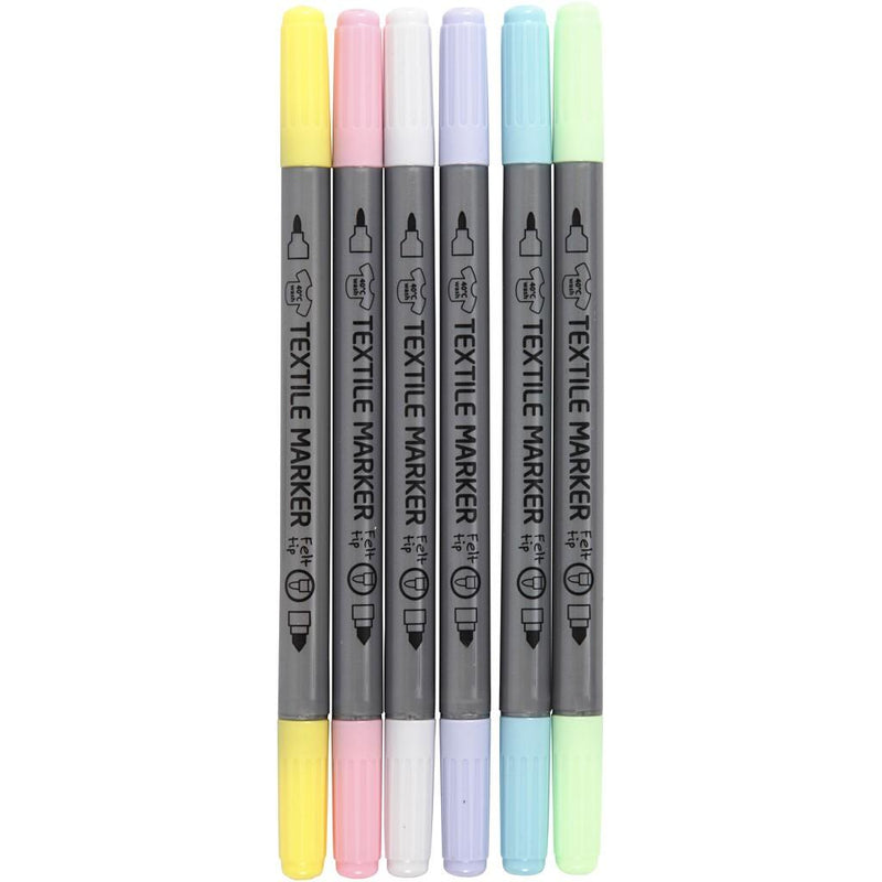 Pack of 6 textile marker double felt tips for fabric - pastels