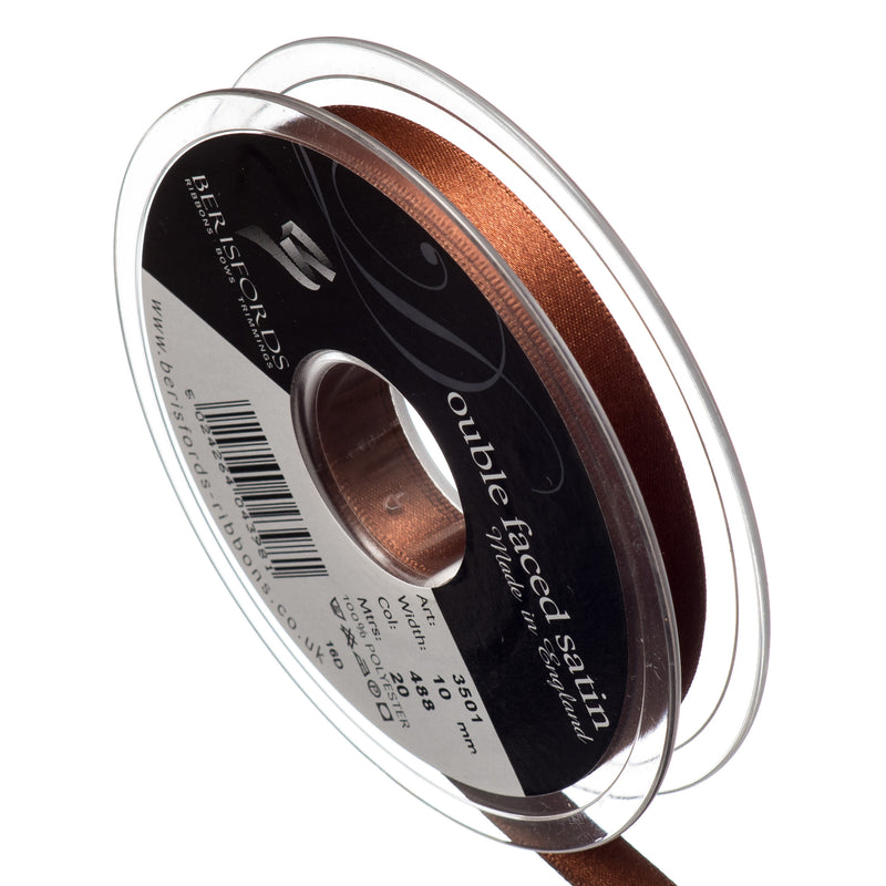 Berisfords 50mm and 70mm double faced satin ribbon in hot chocolate brown