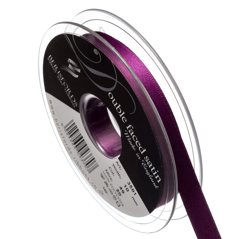 Berisfords 15mm, 25mm and 35mm double faced satin ribbon in plum purple
