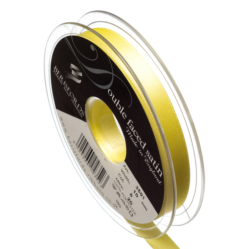 Berisfords 15mm, 25mm and 35mm double faced satin ribbon in lemon yellow