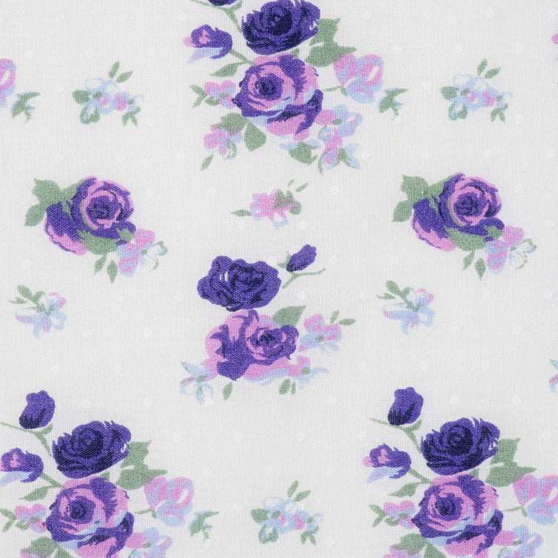 Swatch of vintage rose bouquets print on polycotton fabric in purple and ivory