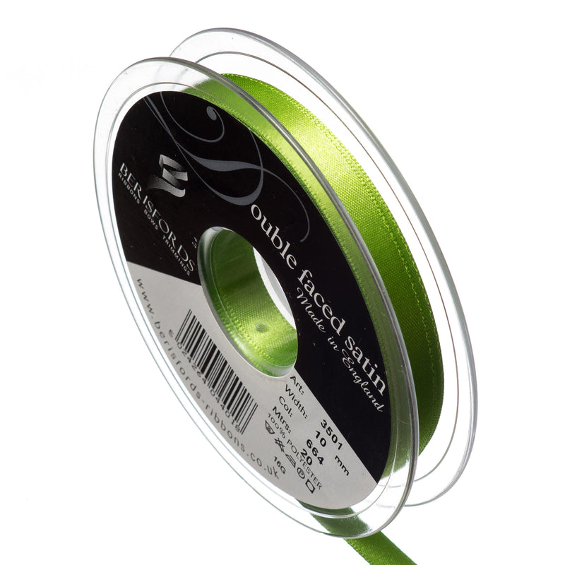 Berisfords 15mm, 25mm and 35mm double faced satin ribbon in meadow green