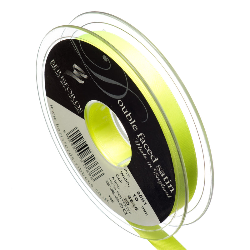 Berisfords 3mm, 7mm and 10mm double faced satin ribbon in flo yellow