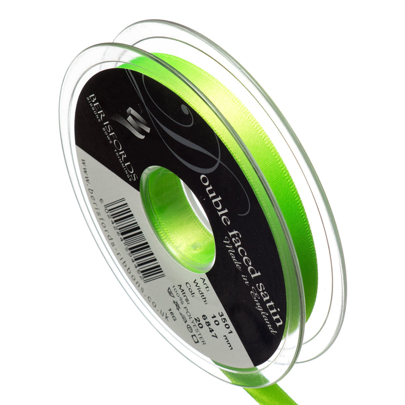 Berisfords 3mm, 7mm and 10mm double faced satin ribbon in flo green
