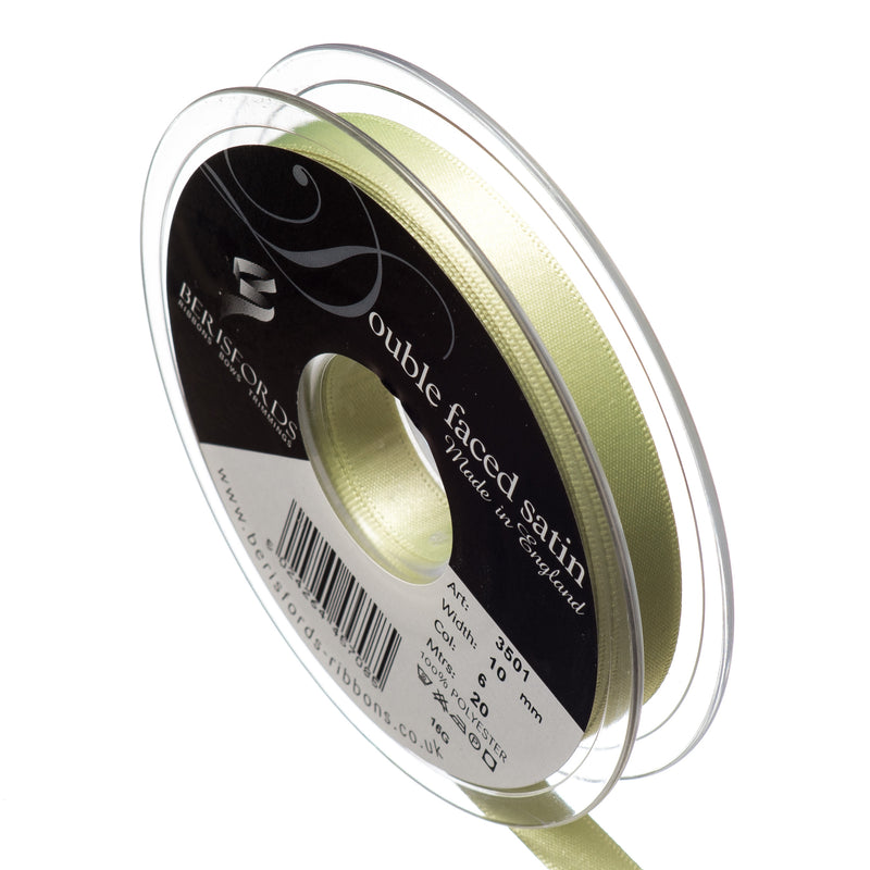 Berisfords 15mm, 25mm and 35mm double faced satin ribbon in lime green