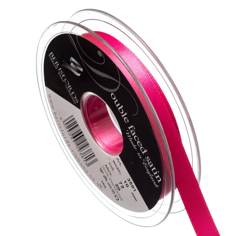 Berisfords 15mm, 25mm and 35mm double faced satin ribbon in shocking pink