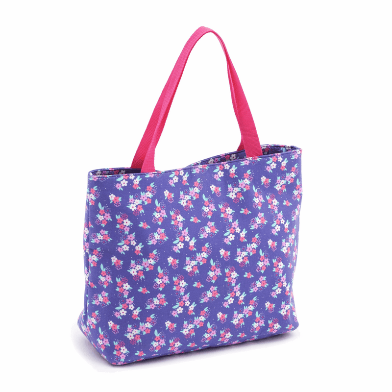 Craft floral shoulder bag with pink and white flowers on purple.