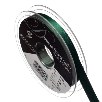 Berisfords 15mm, 25mm and 35mm double faced satin ribbon in forest green
