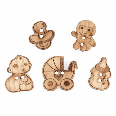 Trimits Novelty Wooden Buttons with babies, prams and bottles