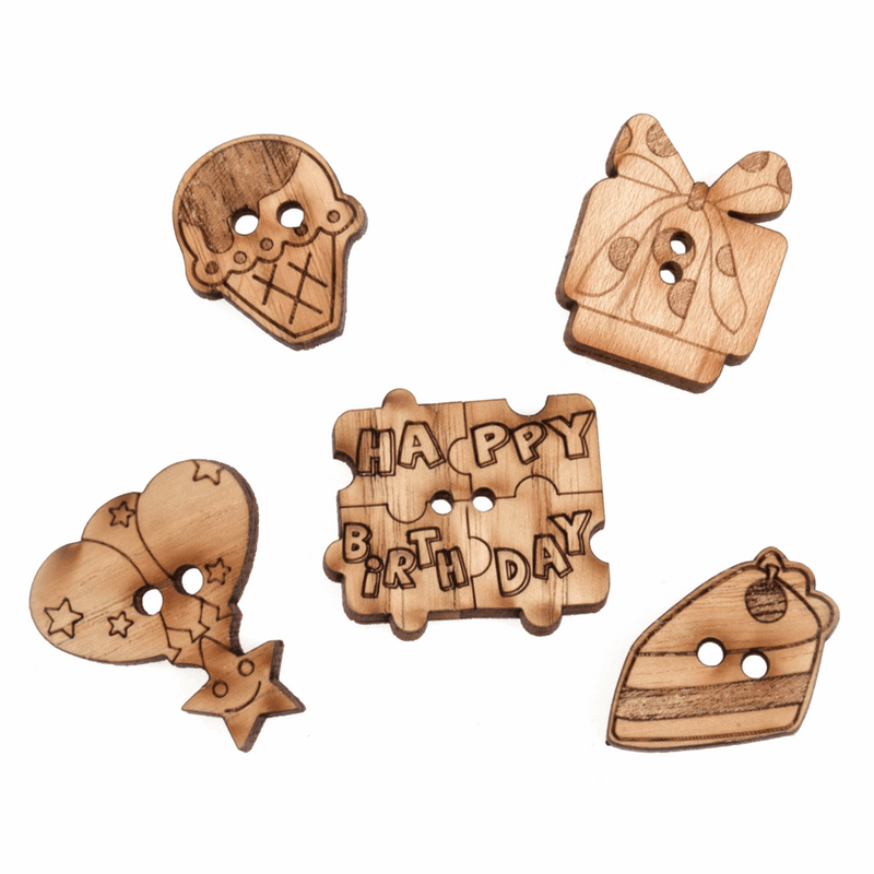 Trimits Novelty Wooden Buttons with happy birthday, presents, balloons and cake