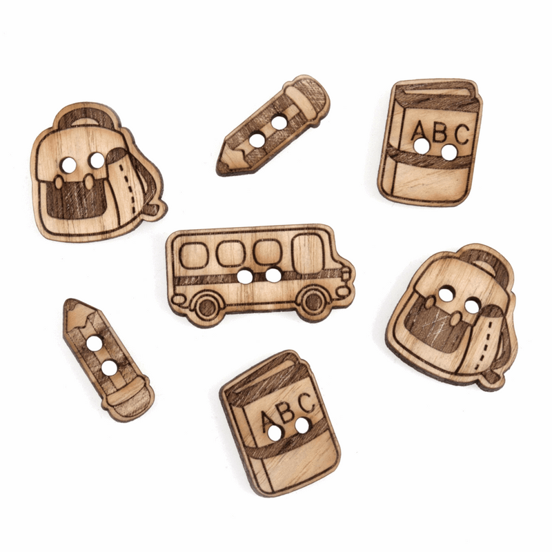 Trimits Novelty Wooden Buttons with school life bus, bags and pencils