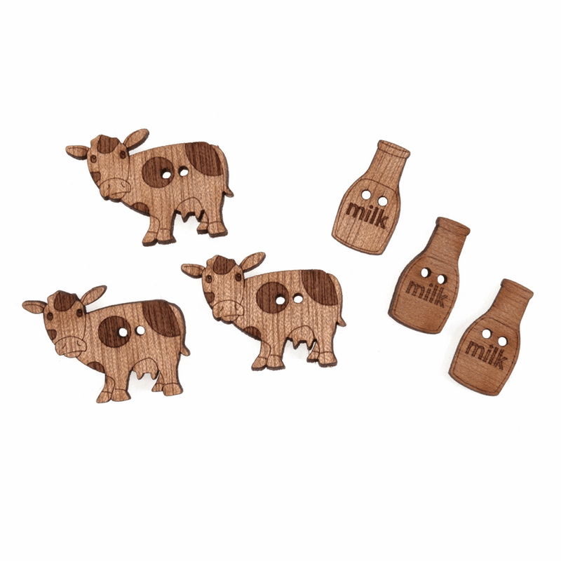 Trimits Novelty Wooden Buttons with farm cows and milk bottles