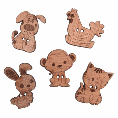 Trimits Novelty Wooden Buttons with animals, dogs, cats, chickens, monkeys and rabbits