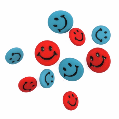 Trimits Novelty Shapes Buttons with red and blue smiley faces