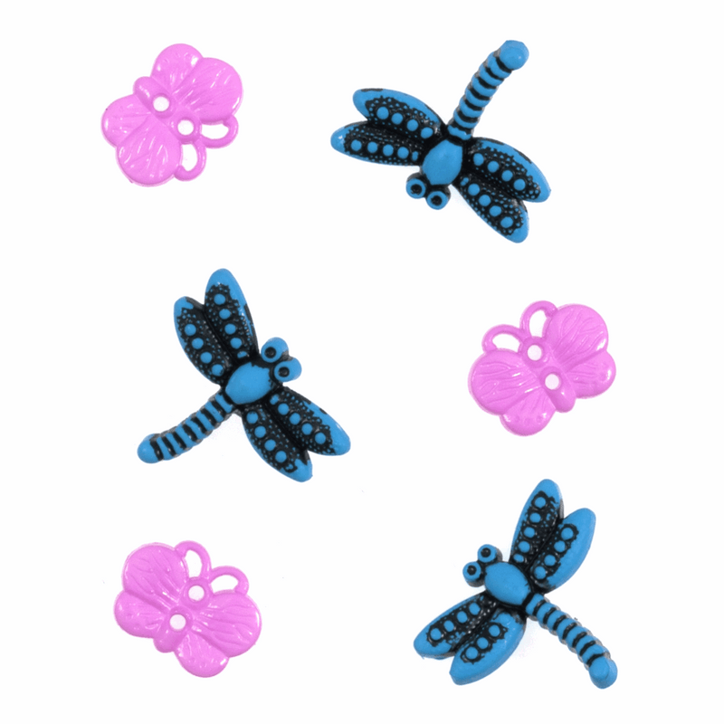 Trimits Novelty Bugs & Insects Buttons with blue and pink dragonflies and butterflies