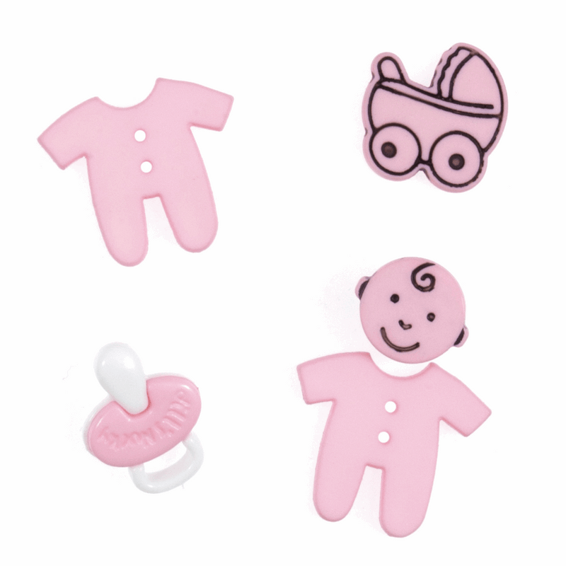 Trimits Novelty Special Occasions Buttons with pink baby, pram and dummy