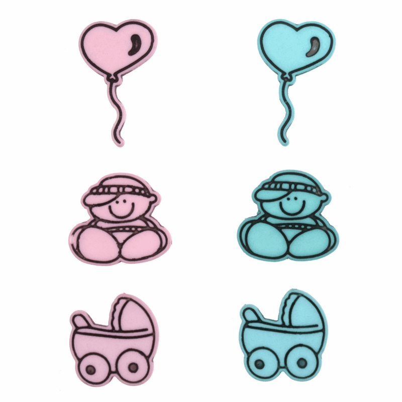 Trimits Novelty Special Occasions Buttons with baby blue and pink heats and prams
