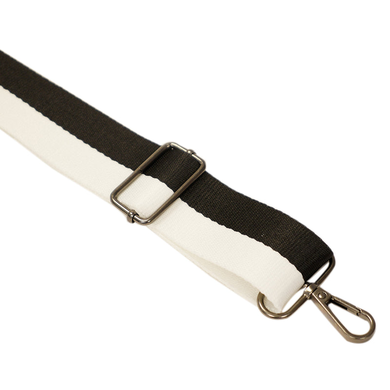 Swatch of two stripe polyester bag webbing 38mm in black and white