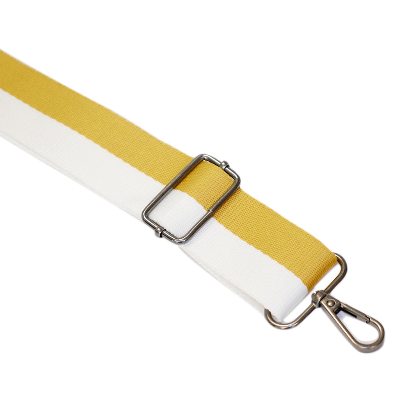 Swatch of two stripe polyester bag webbing 38mm in mustard and white