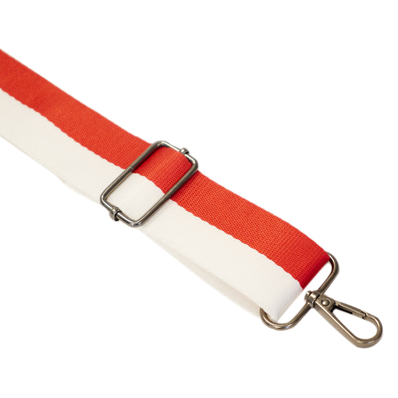 Swatch of two stripe polyester bag webbing 38mm in red and white