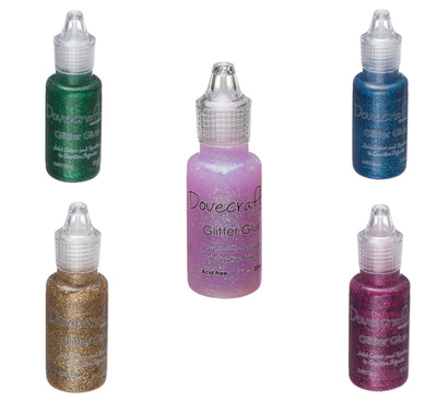 Dovecraft Glitter Glue in 14 colours. Great for adding glitter patterns and designs to fabric and card.