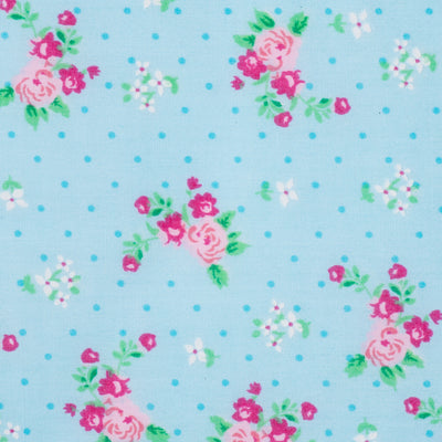 Vintage, country roses floral printed polycotton fabric in blue and pink