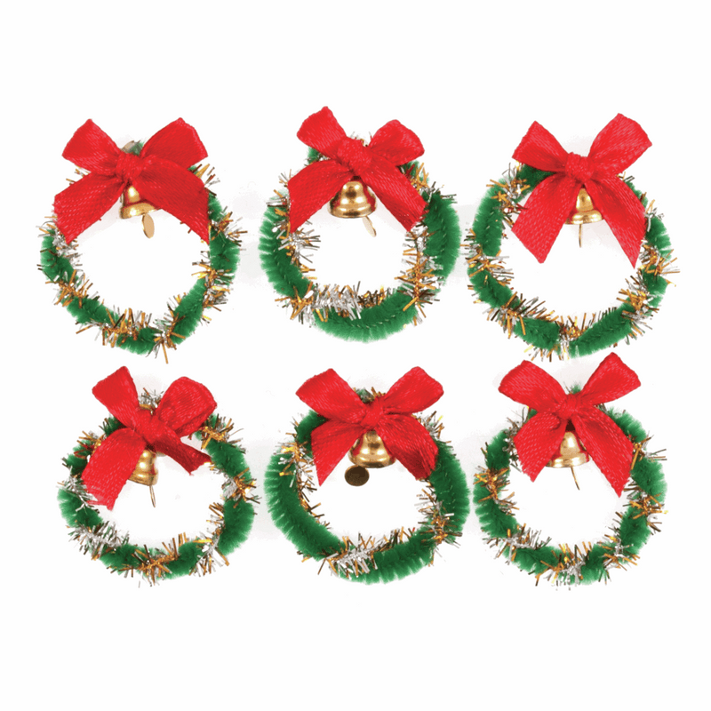 Trimits Christmas Wreaths with red bows and gold Bells.  Pack of 6.