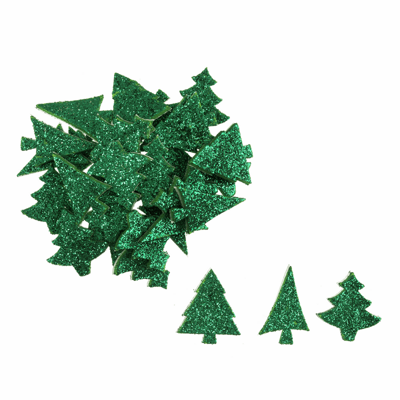 Trimits Christmas foam trees - 26mm.  Pack of 60 assorted glitter green tree designs.