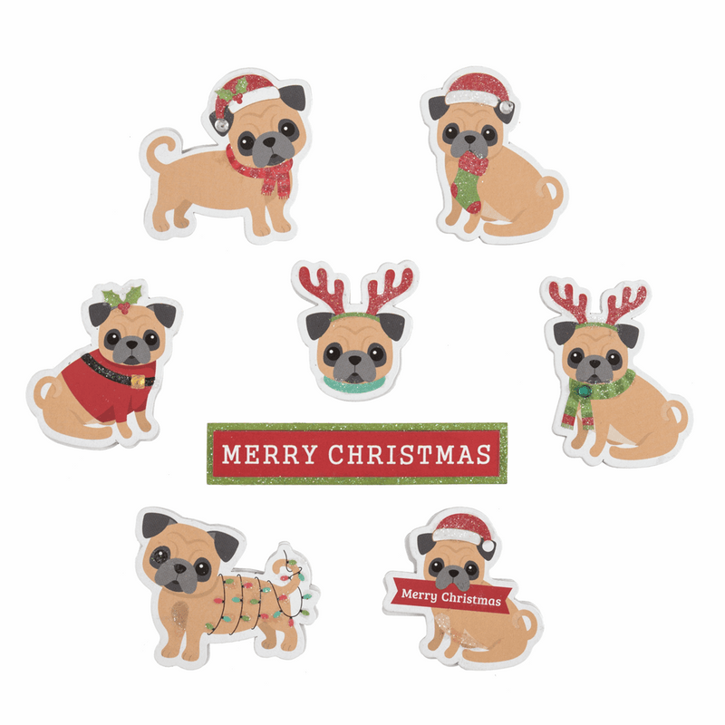 Trimits festive pugs - 40mm.  Pack of 8 assorted designs.