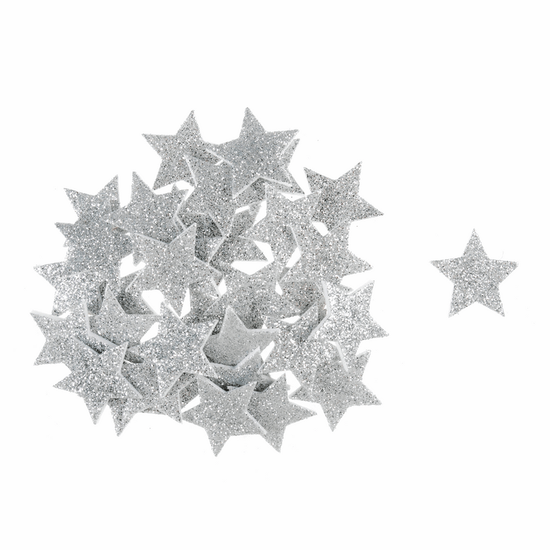 Trimits approx. 2.5cm festive silver glitter stars.  Pack of 35 foam stars.