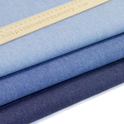 Washed 100% cotton denim fabric 8oz heavy weight in Light Blue, Mid Blue and Dark Blue.