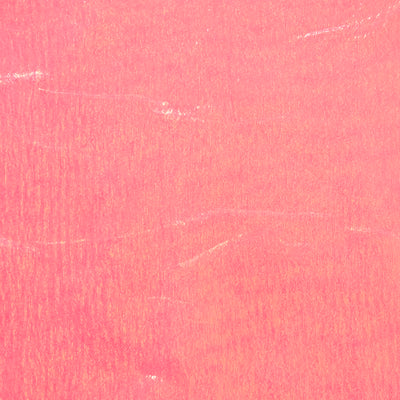 Swatch of shimmering, pearlescent rainbow 100% polyester organza fabric in florescent pink