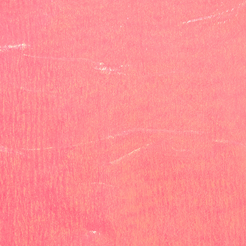 Swatch of shimmering, pearlescent rainbow 100% polyester organza fabric in florescent pink
