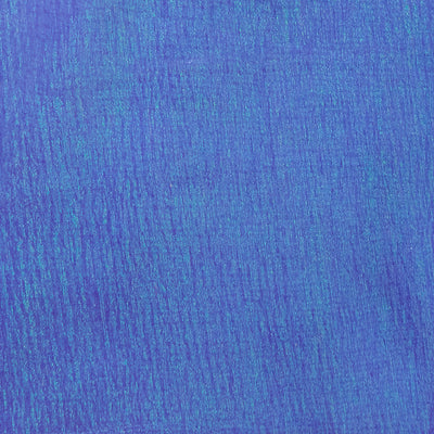 Swatch of shimmering, pearlescent rainbow 100% polyester organza fabric in royal blue
