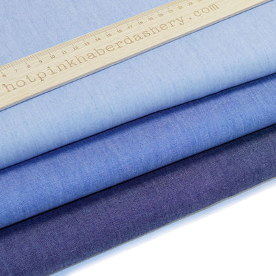 Washed 100% cotton denim fabric 4oz light weight in Light Blue, Mid Blue and Dark Blue.