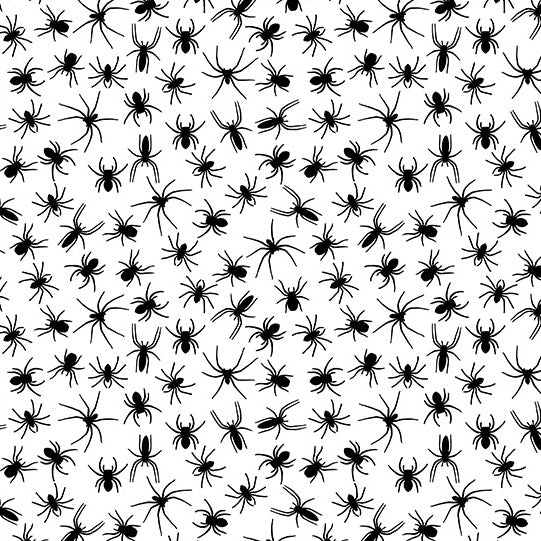 Swatch of spooky Halloween spiders print polycotton fabric in white and black