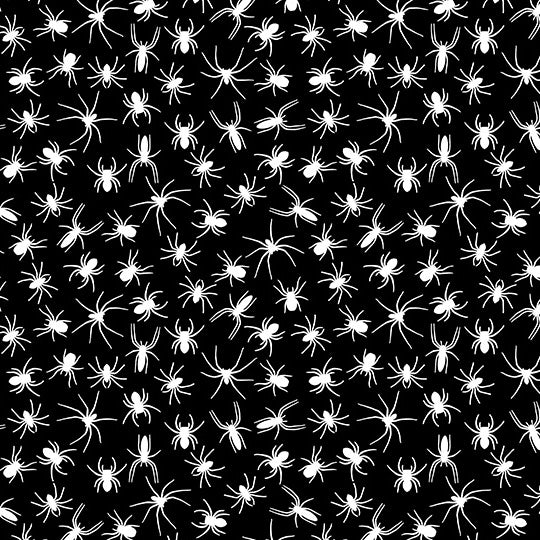 Swatch of spooky Halloween spiders print polycotton fabric in white and black