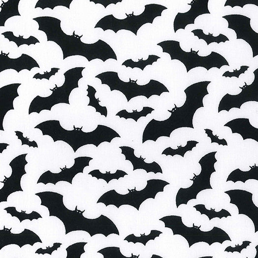 Swatch of Halloween, spooky vampire bats printed polycotton fabric in black and white