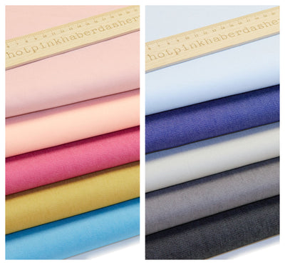 Yarn dyed stretch denim fabric in Rose, Pink, Fuchsia, Peacock Blue, Gold, Sky Blue, Blue, Stone, Grey & Black.