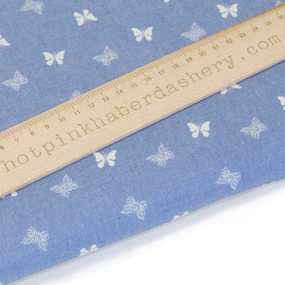 Small White Butterfly Printed Denim Chambray Fabric